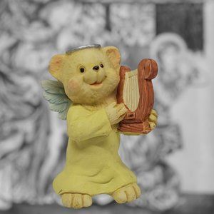 1995 Angel Teddy Babies Angel Bear Playing A Harp Figurine ~ 2 1/4" Tall